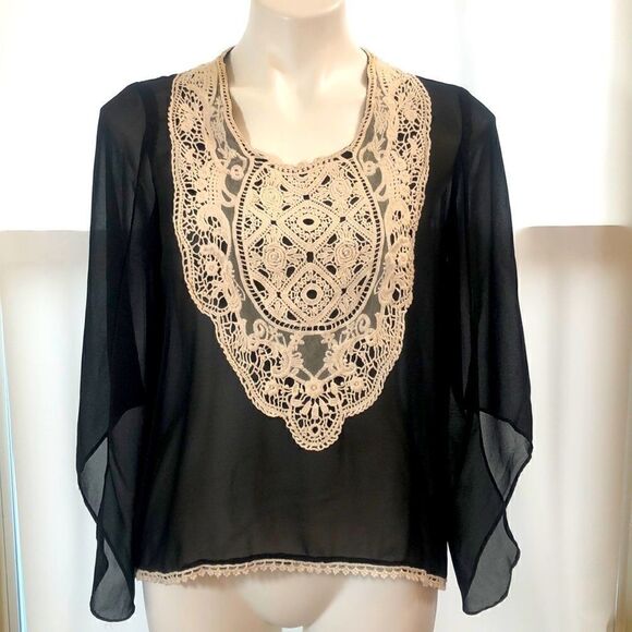 Umgee small crochet neckline black sheer blouse lace - Picture 1 of 7